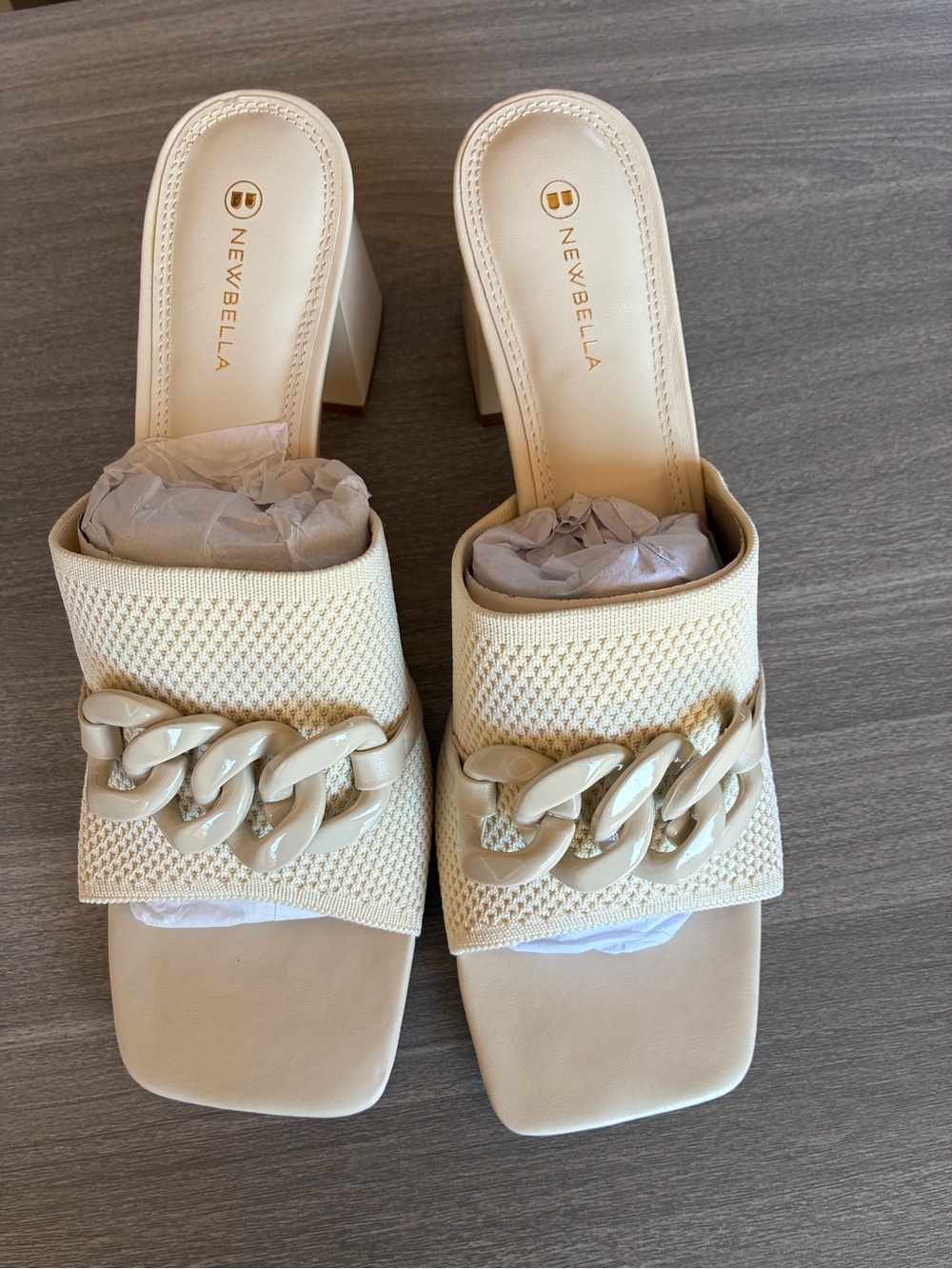 Newbella Cream Chain Knit Block Heel Slides